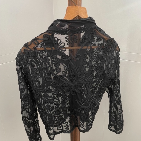 Vintage Cropped  Sheer Black  Long Sleeve Women (M-L)  crochet gothic blouse - Picture 2 of 8